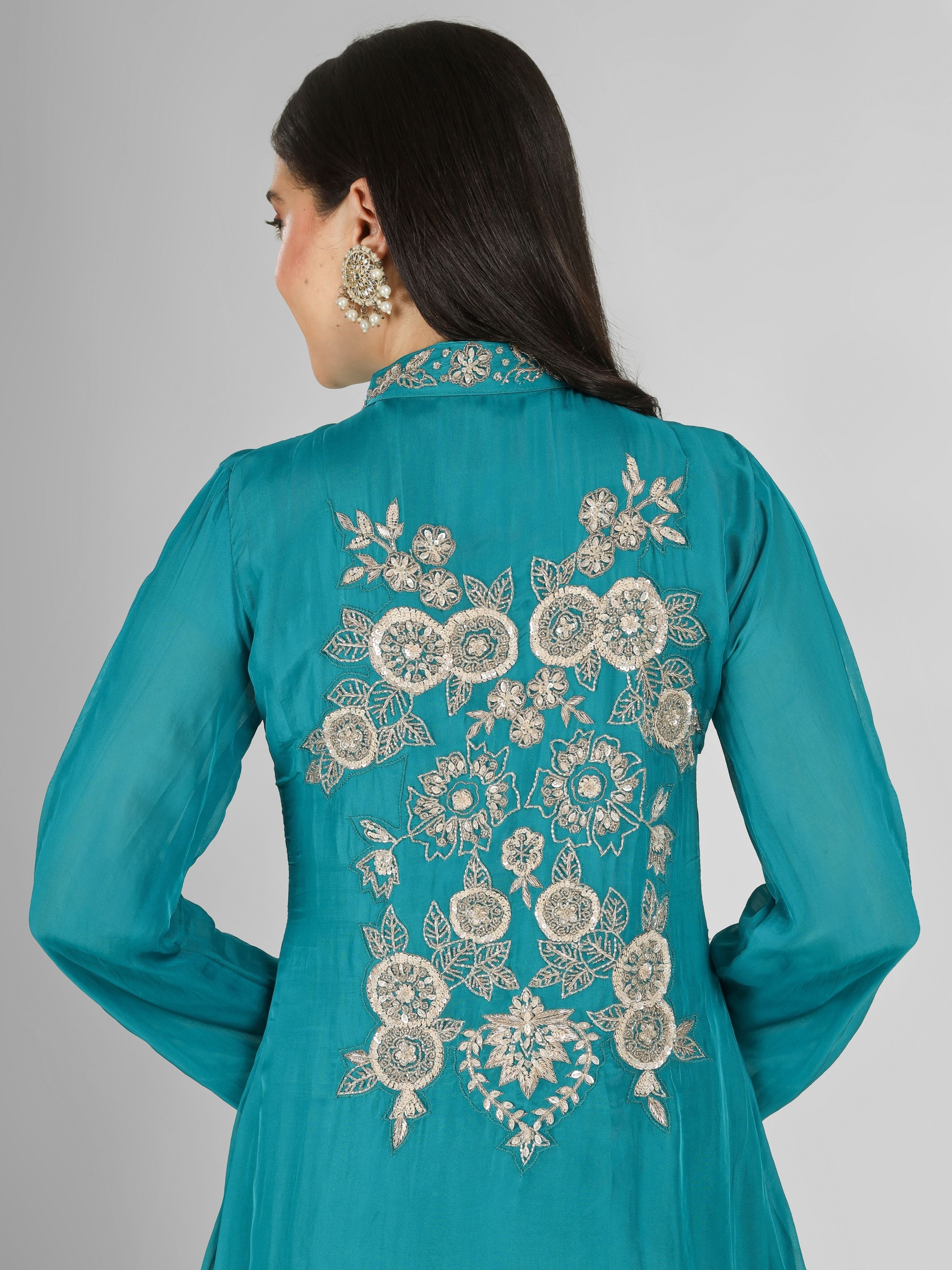 Firozi Organza Indo Western with Cutdana & Sequins Work