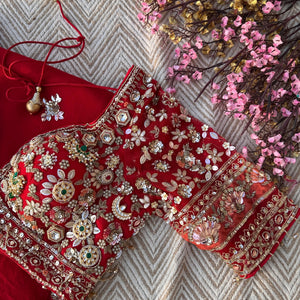 Red Organza Saree with Net Blouse Embellished With Moti, Kundan, Gutta, Dabka, Sequins & Cut Dana Work