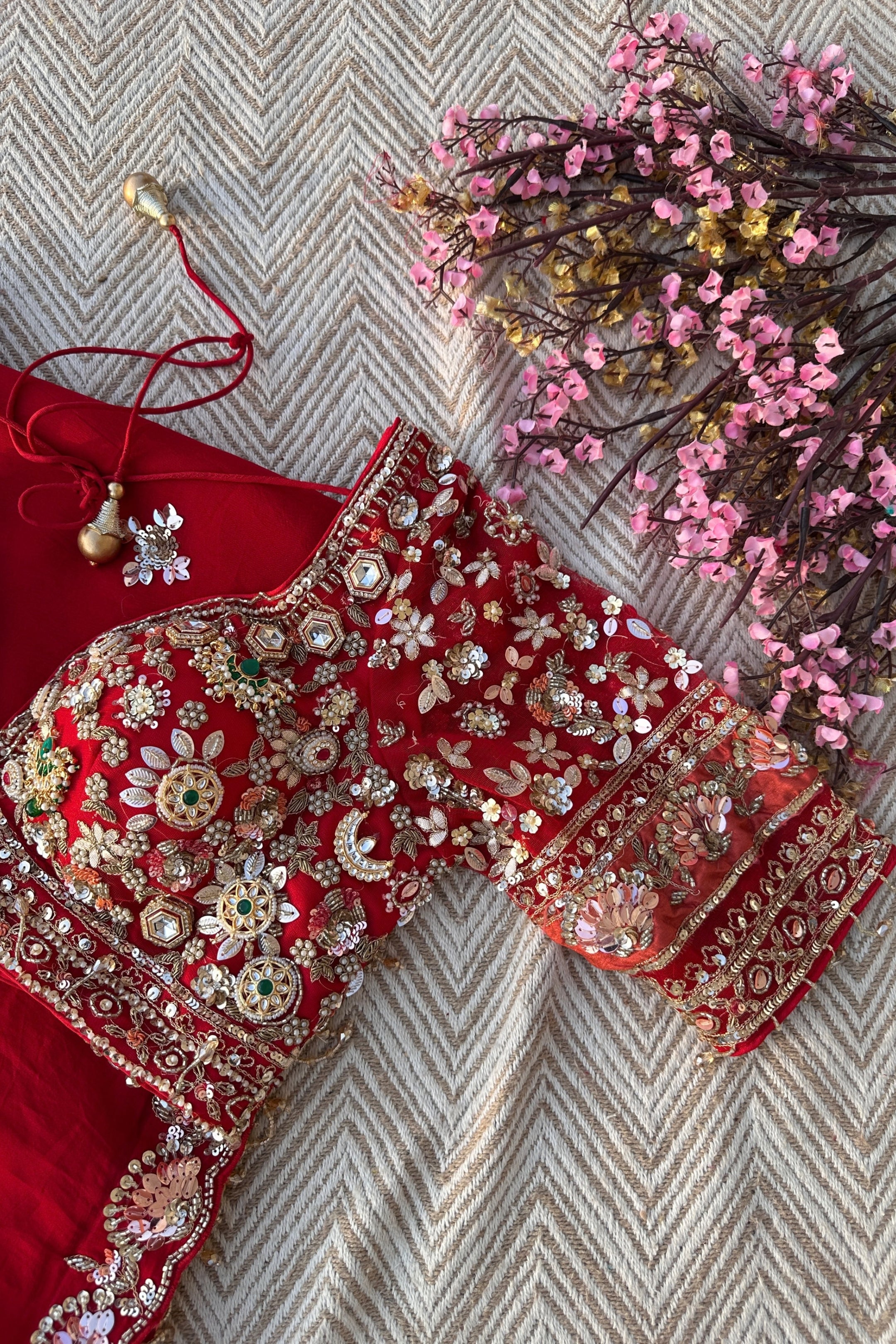 Red Organza Saree with Net Blouse Embellished With Moti, Kundan, Gutta, Dabka, Sequins & Cut Dana Work
