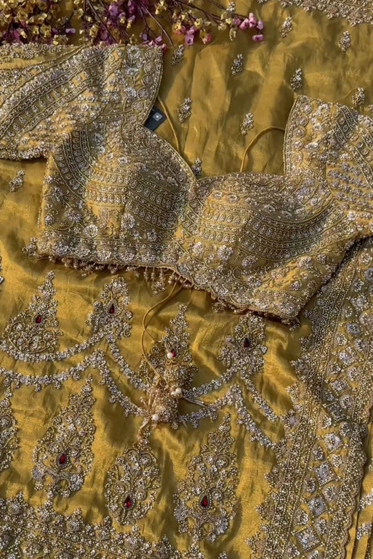 Beige Tissue Saree Embellished With Moti, Sequins & Cut Dana Work