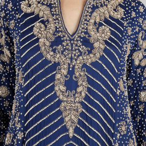 Navy Blue Chinon Indo Western with Cutdana, Sequins and Pearl Embroidery