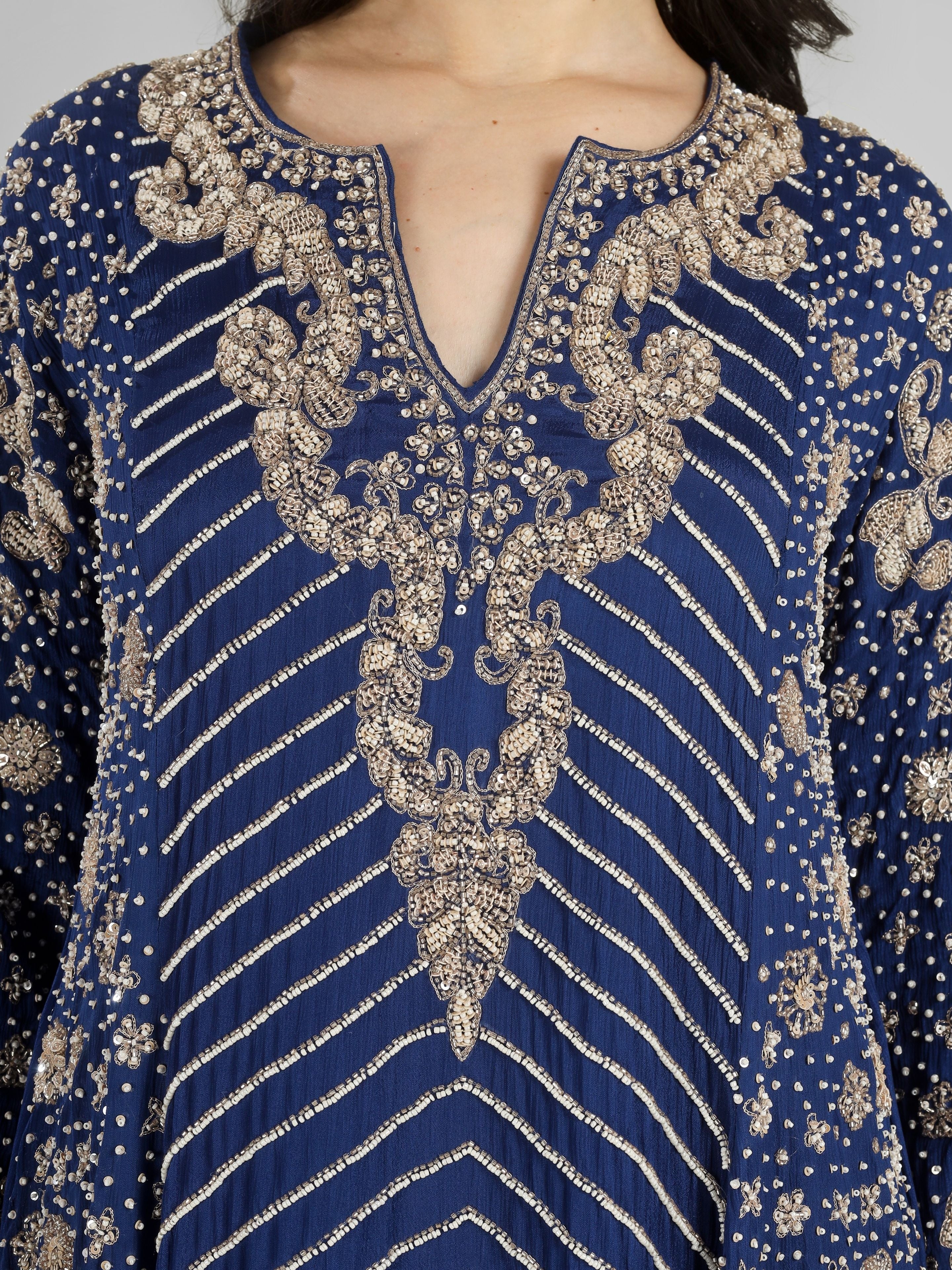 Navy Blue Chinon Indo Western with Cutdana, Sequins and Pearl Embroidery
