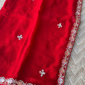 Red Organza Saree with Net Blouse Embellished With Moti, Kundan, Gutta, Dabka, Sequins & Cut Dana Work
