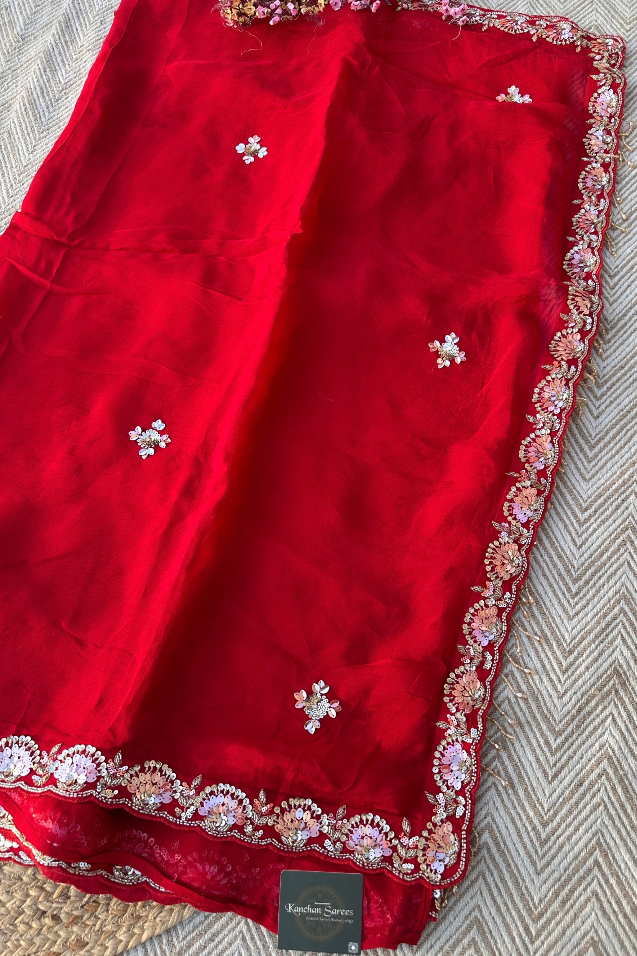 Red Organza Saree with Net Blouse Embellished With Moti, Kundan, Gutta, Dabka, Sequins & Cut Dana Work