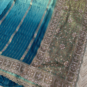 Peacock Green Silk Unstitched Saree Embellished With Moti, Sequins & Cutdana Work