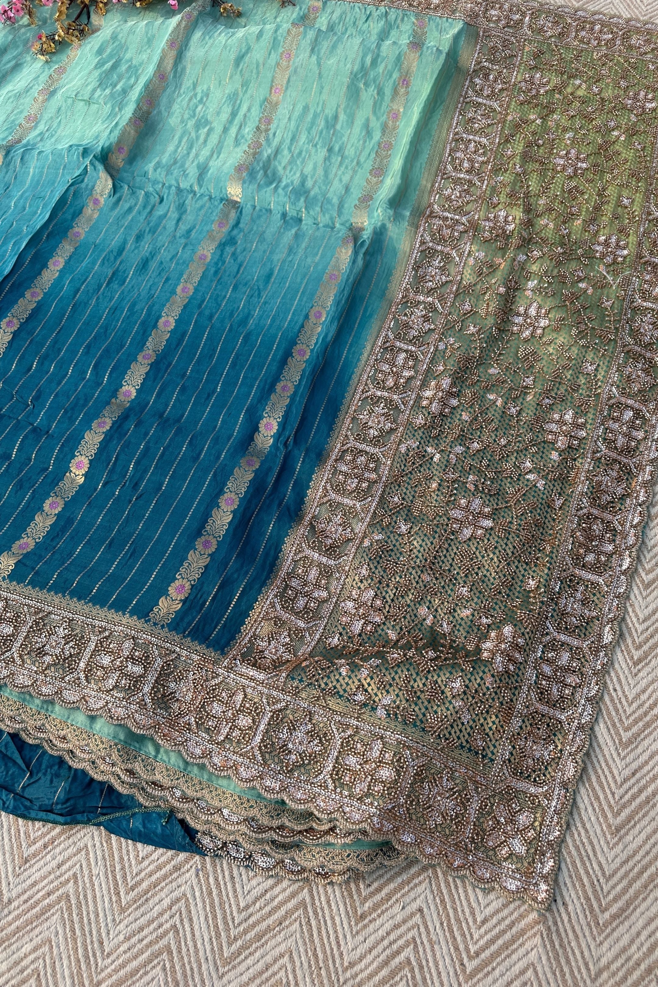 Peacock Green Silk Unstitched Saree Embellished With Moti, Sequins & Cutdana Work