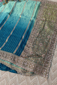 Peacock Green Silk Unstitched Saree Embellished With Moti, Sequins & Cutdana Work