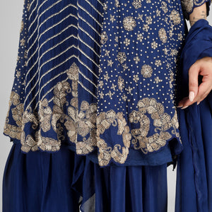Navy Blue Chinon Indo Western with Cutdana, Sequins and Pearl Embroidery
