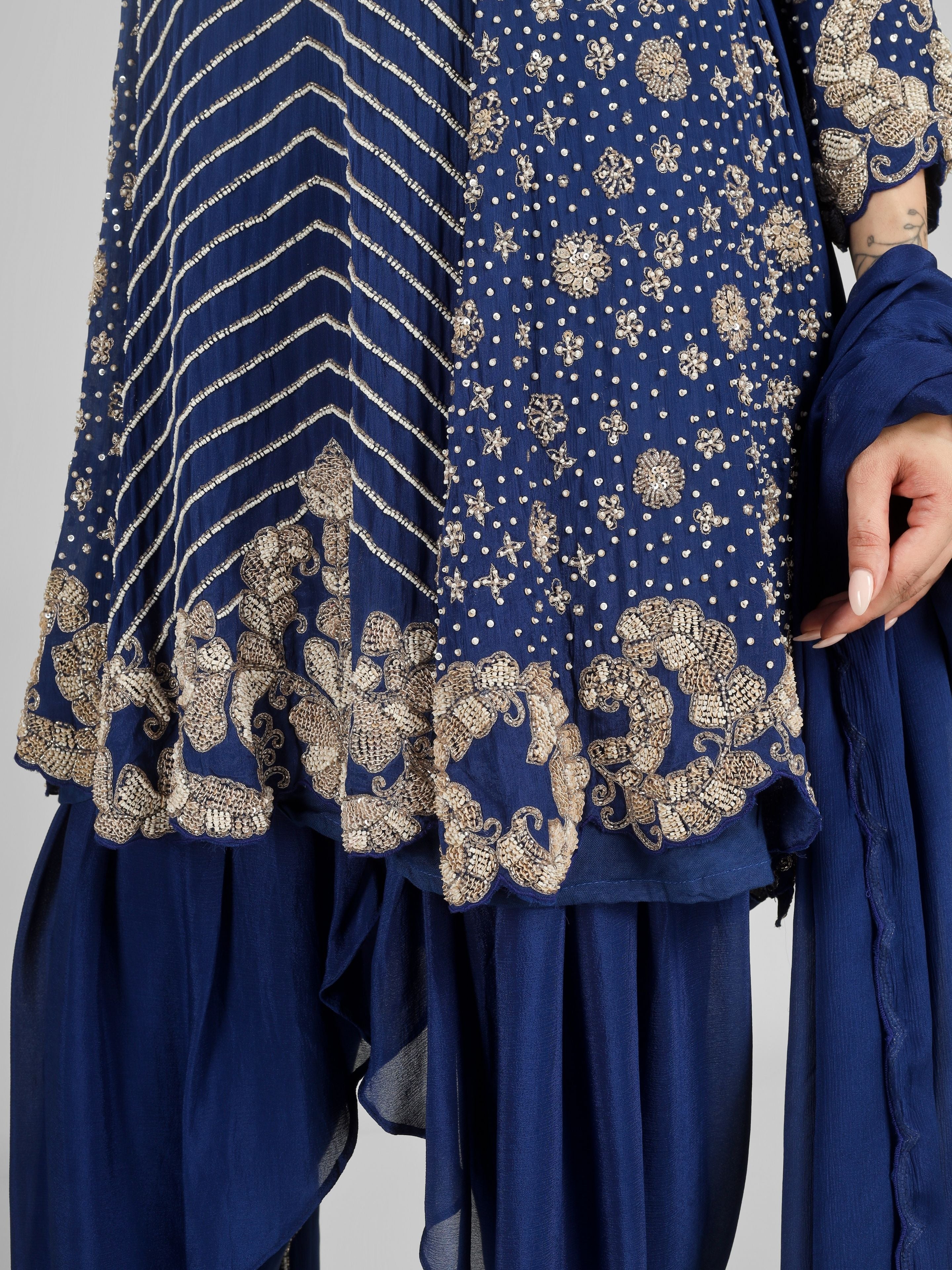 Navy Blue Chinon Indo Western with Cutdana, Sequins and Pearl Embroidery