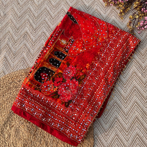 Red Crepe Embellished With Mirror & Chandla Work