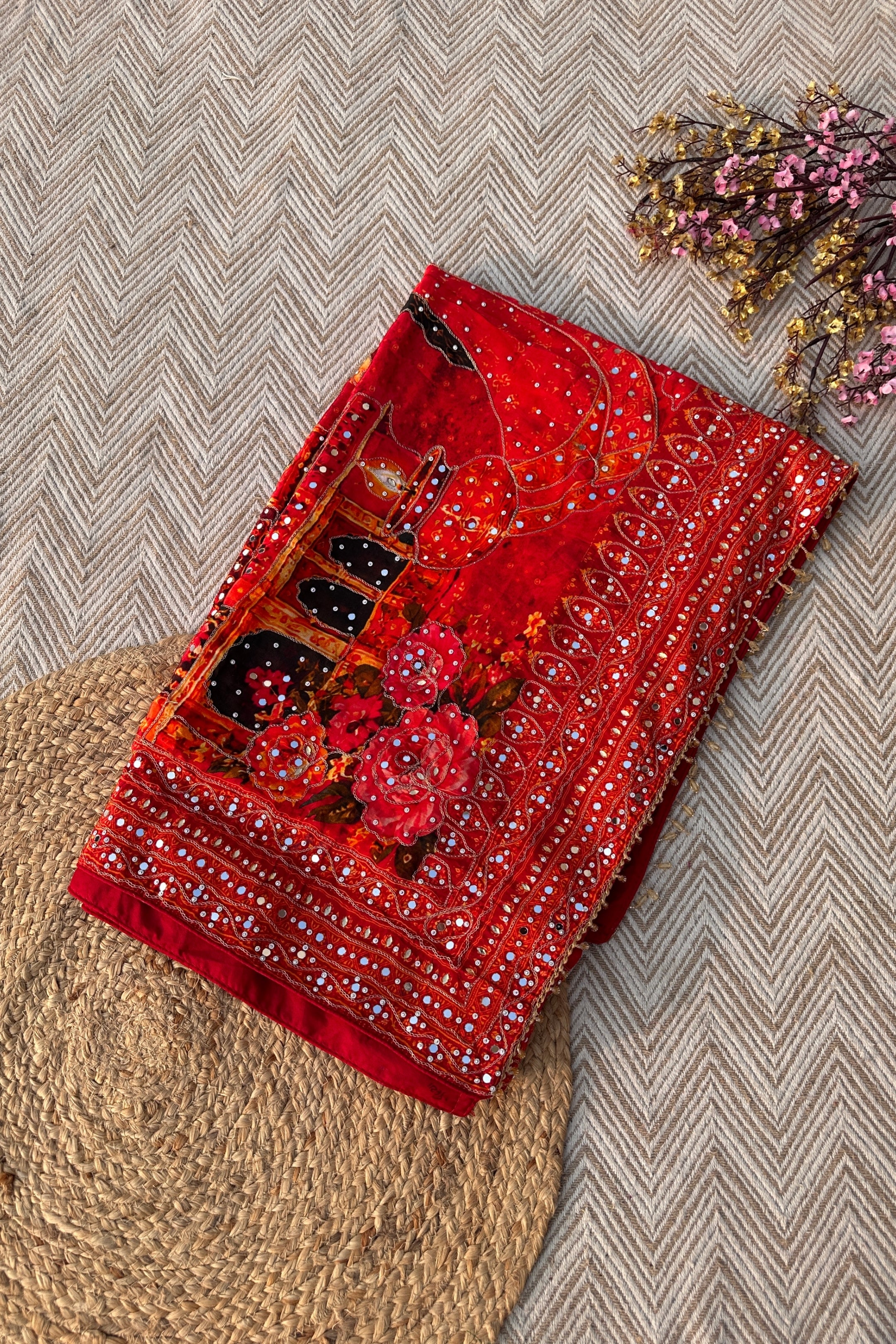 Red Crepe Embellished With Mirror & Chandla Work