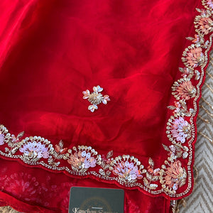 Red Organza Saree with Net Blouse Embellished With Moti, Kundan, Gutta, Dabka, Sequins & Cut Dana Work
