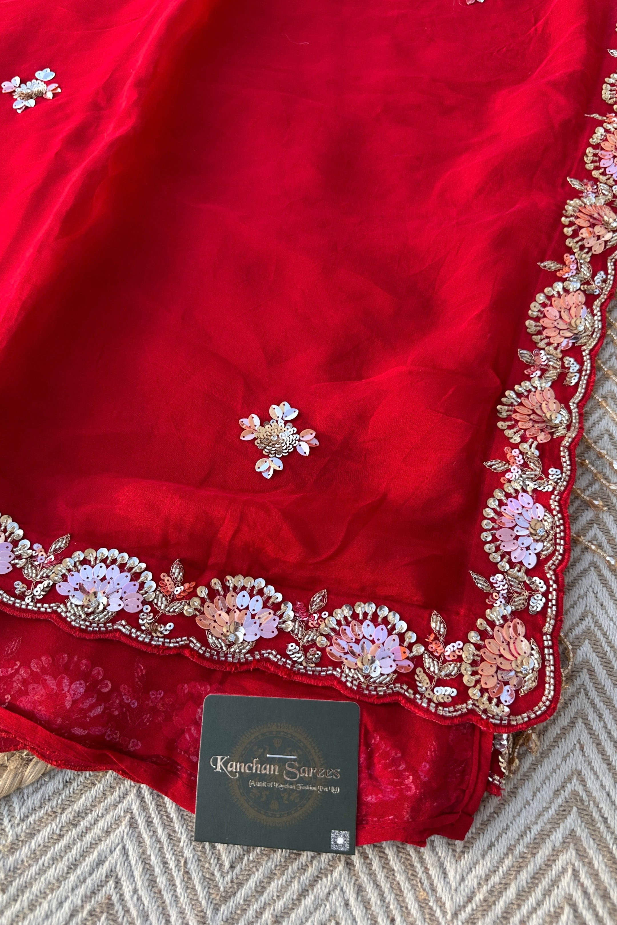 Red Organza Saree with Net Blouse Embellished With Moti, Kundan, Gutta, Dabka, Sequins & Cut Dana Work