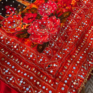 Red Crepe Embellished With Mirror & Chandla Work
