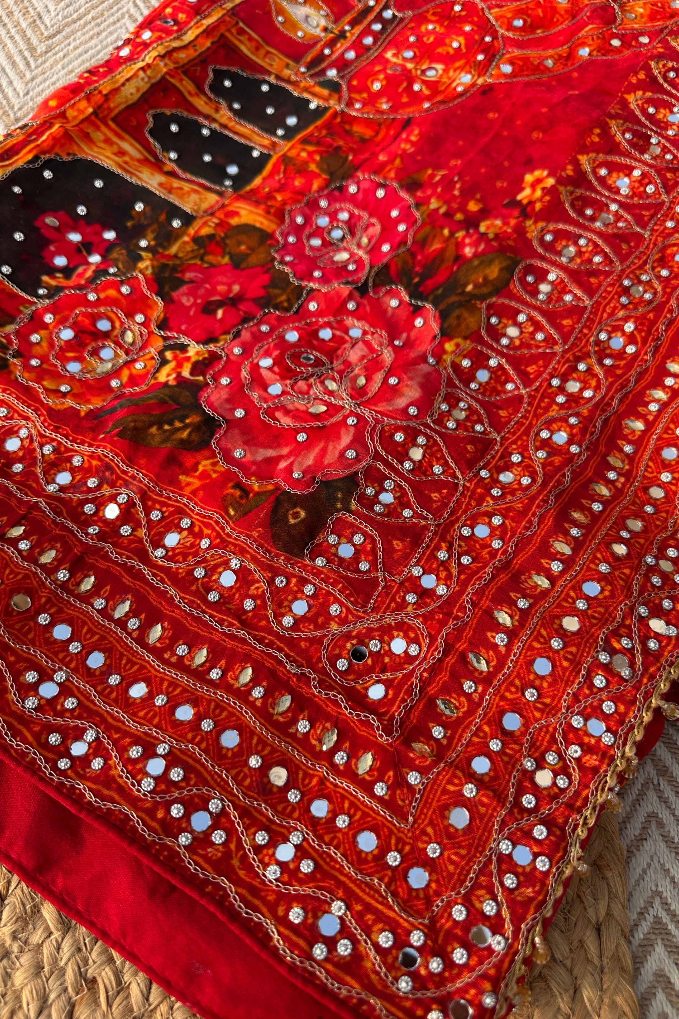 Red Crepe Embellished With Mirror & Chandla Work