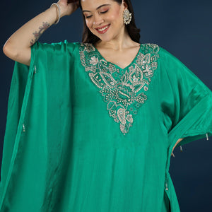 Green Chinon Indo Western with Moti, Cutdana & Sequins Work