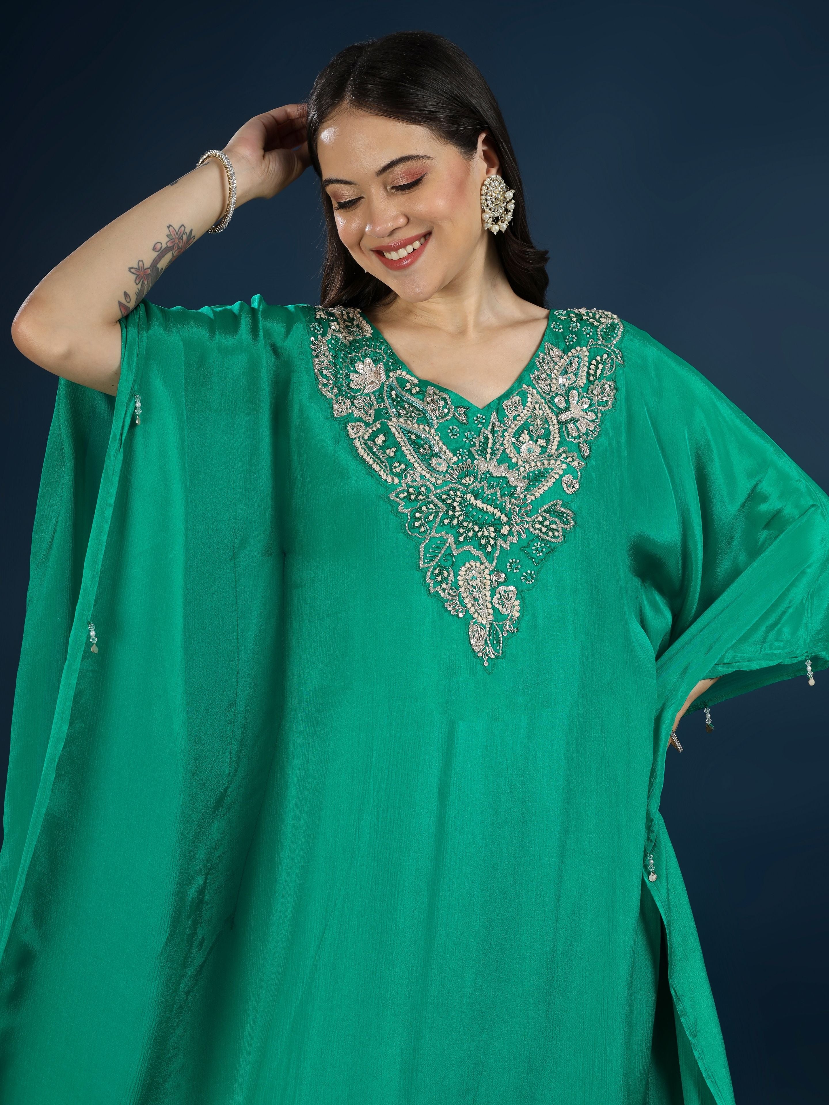 Green Chinon Indo Western with Moti, Cutdana & Sequins Work
