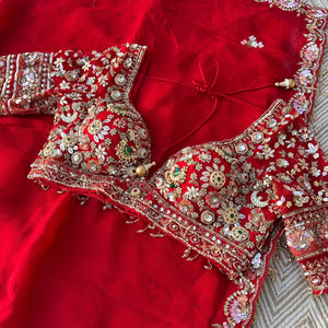 Red Organza Saree with Net Blouse Embellished With Moti, Kundan, Gutta, Dabka, Sequins & Cut Dana Work