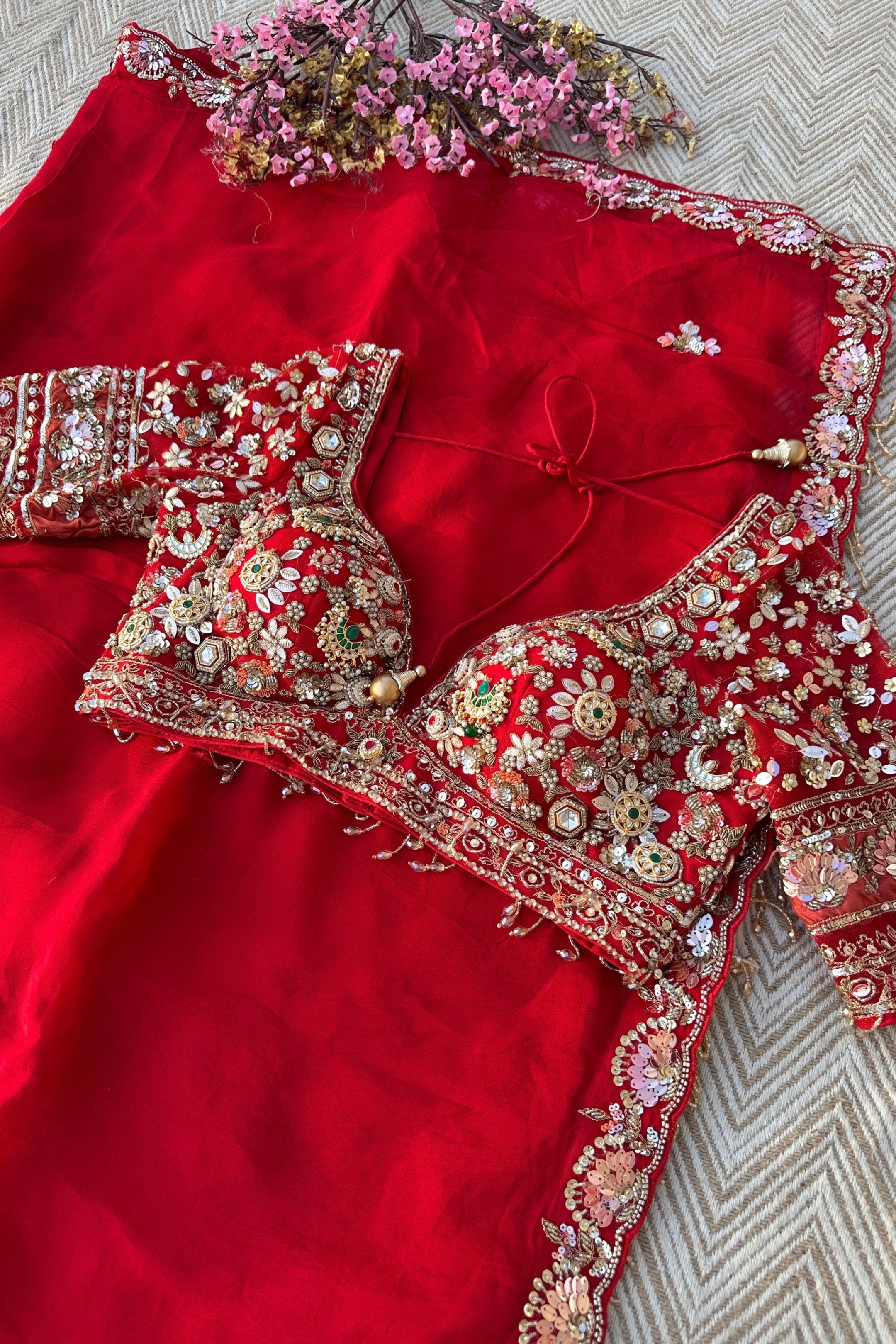 Red Organza Saree with Net Blouse Embellished With Moti, Kundan, Gutta, Dabka, Sequins & Cut Dana Work