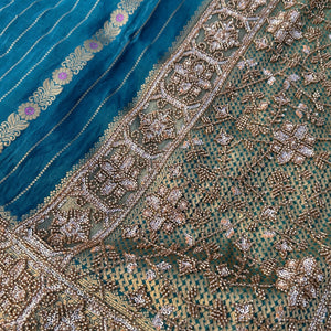 Peacock Green Silk Unstitched Saree Embellished With Moti, Sequins & Cutdana Work