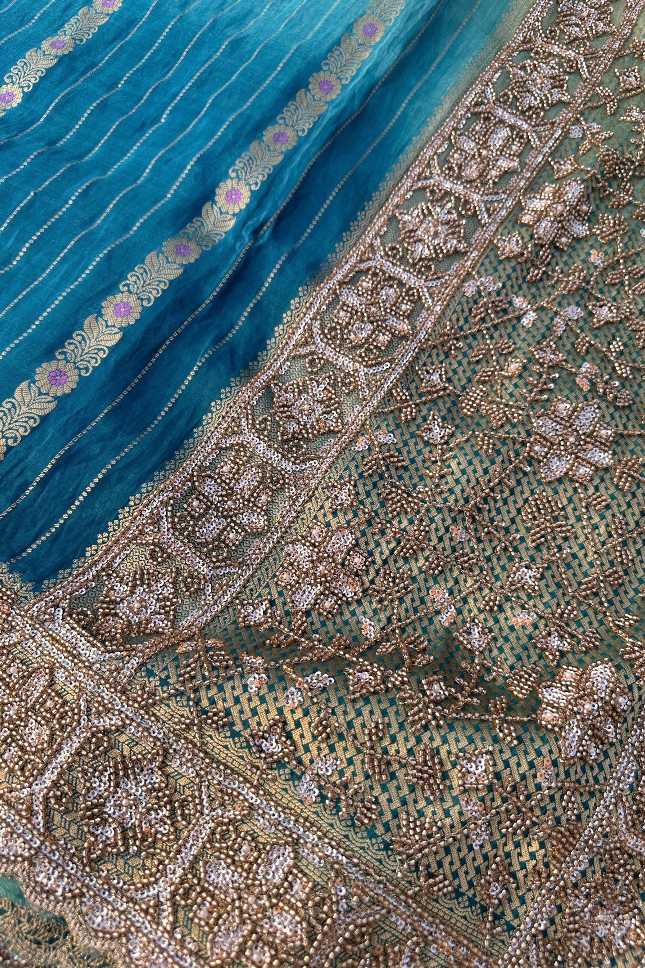 Peacock Green Silk Unstitched Saree Embellished With Moti, Sequins & Cutdana Work