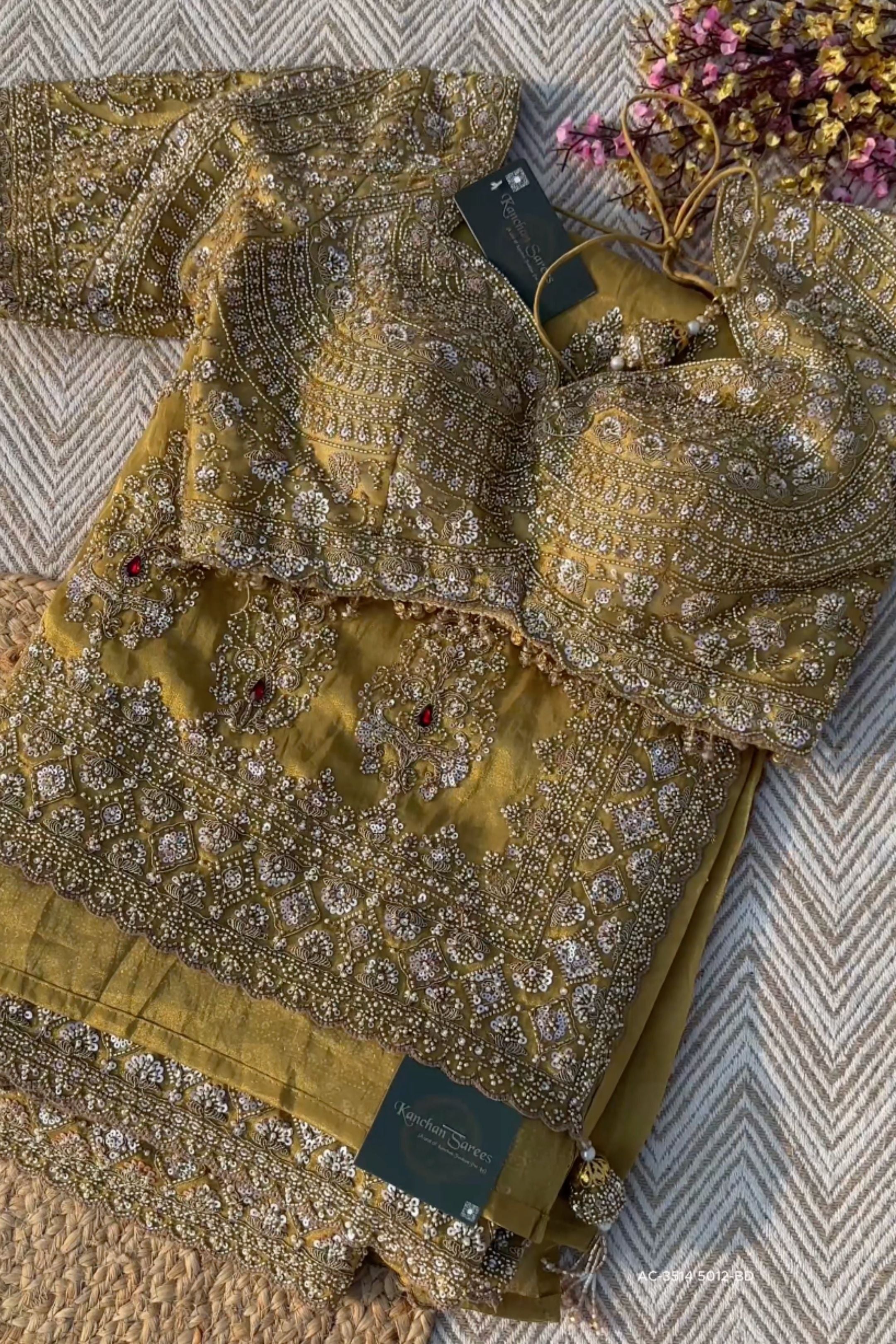 Beige Tissue Saree Embellished With Moti, Sequins & Cut Dana Work