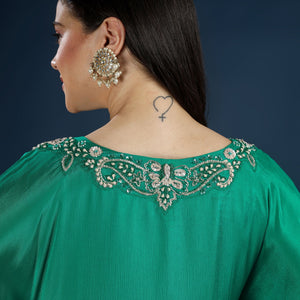 Green Chinon Indo Western with Moti, Cutdana & Sequins Work
