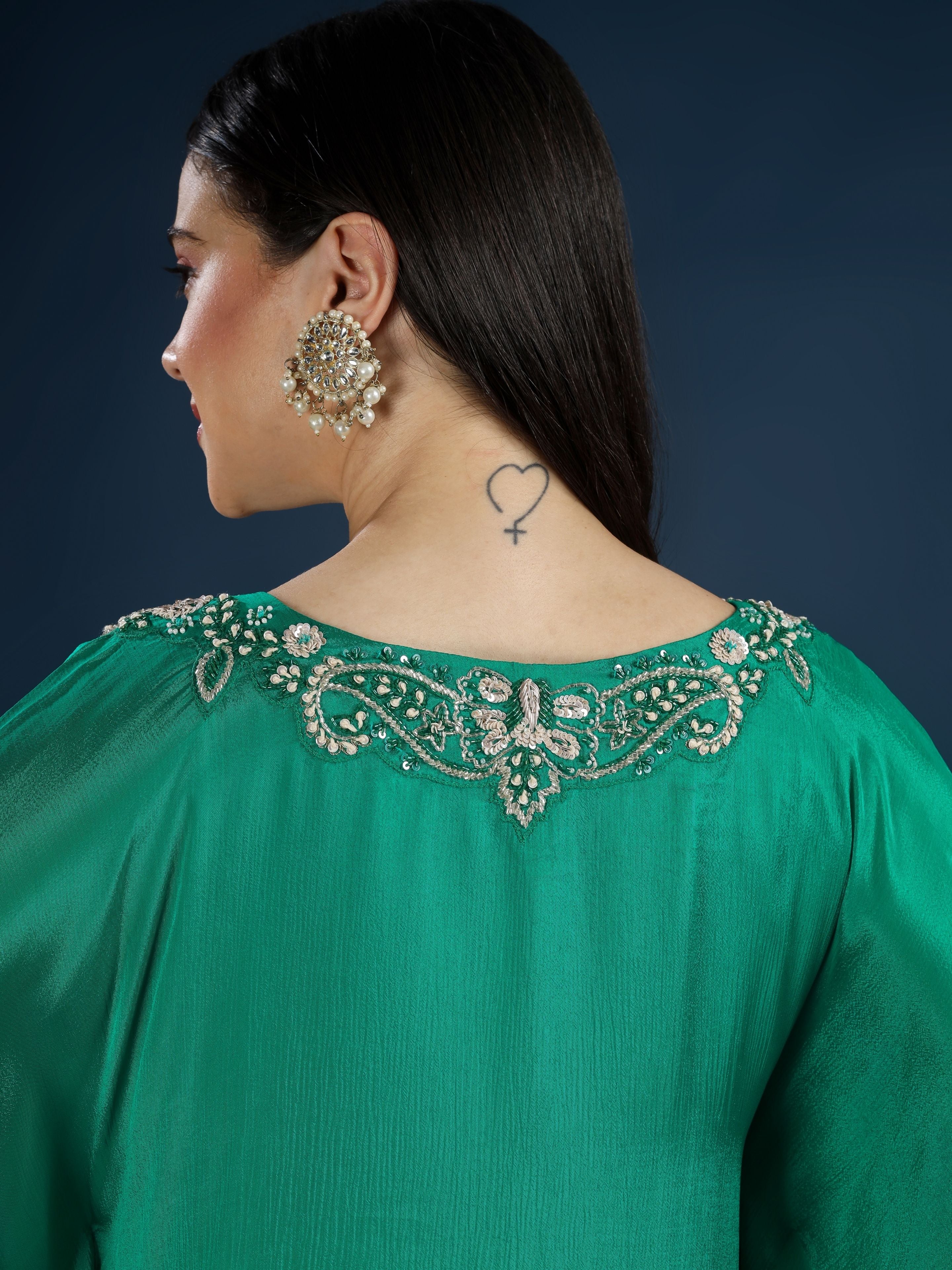 Green Chinon Indo Western with Moti, Cutdana & Sequins Work
