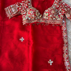 Red Organza Saree with Net Blouse Embellished With Moti, Kundan, Gutta, Dabka, Sequins & Cut Dana Work