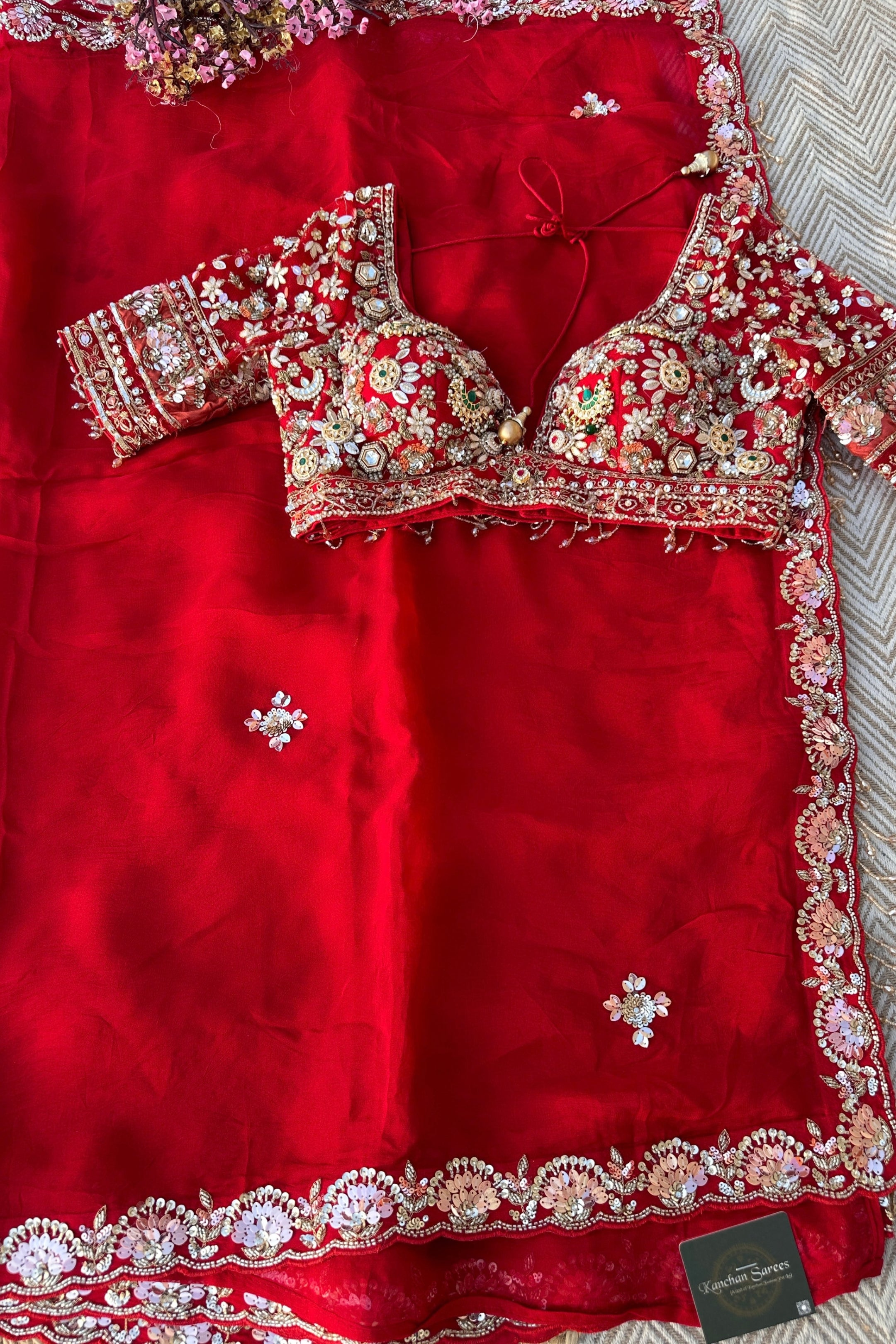 Red Organza Saree with Net Blouse Embellished With Moti, Kundan, Gutta, Dabka, Sequins & Cut Dana Work