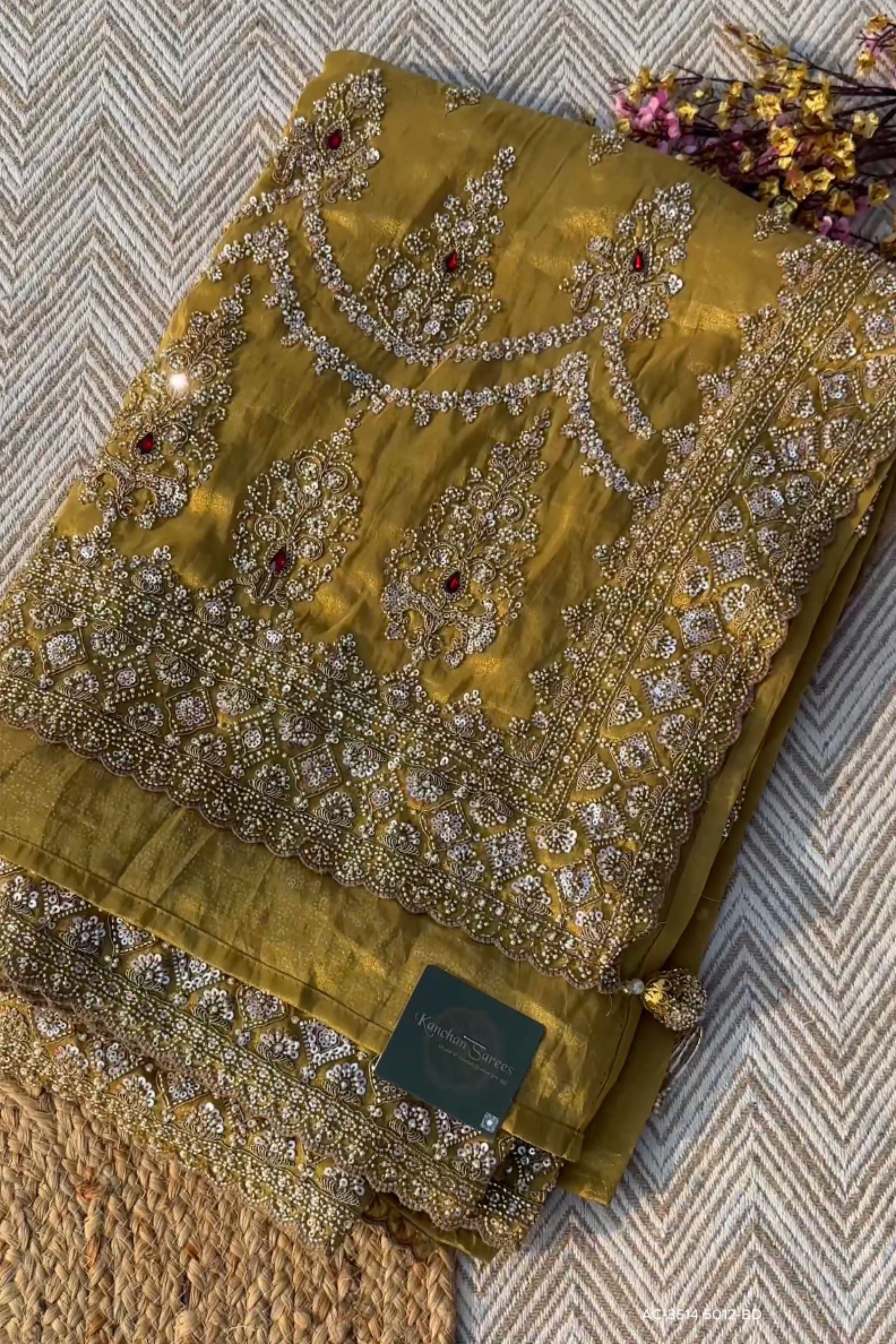 Beige Tissue Saree Embellished With Moti, Sequins & Cut Dana Work