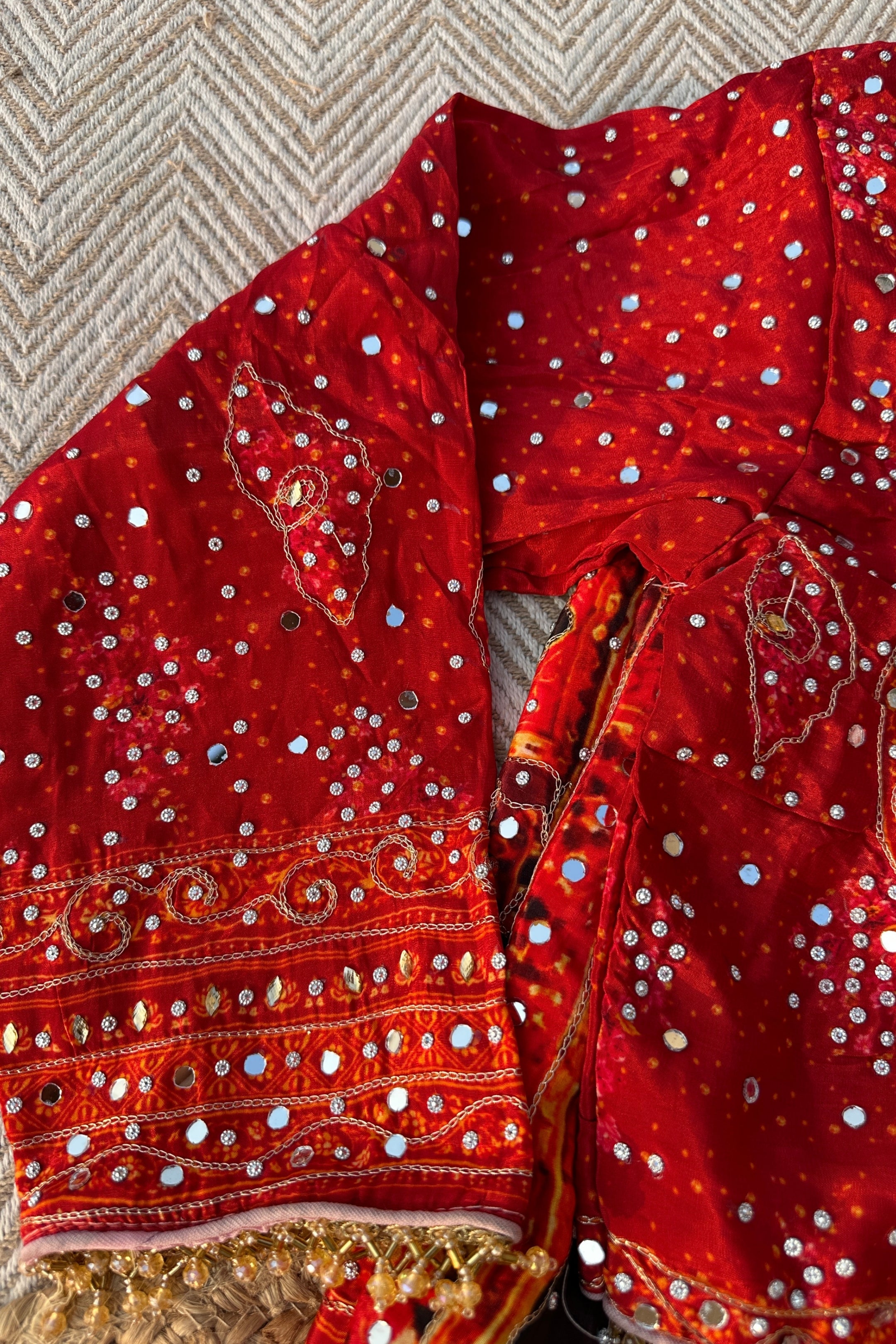 Red Crepe Embellished With Mirror & Chandla Work