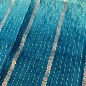 Peacock Green Silk Unstitched Saree Embellished With Moti, Sequins & Cutdana Work