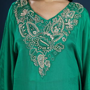Green Chinon Indo Western with Moti, Cutdana & Sequins Work