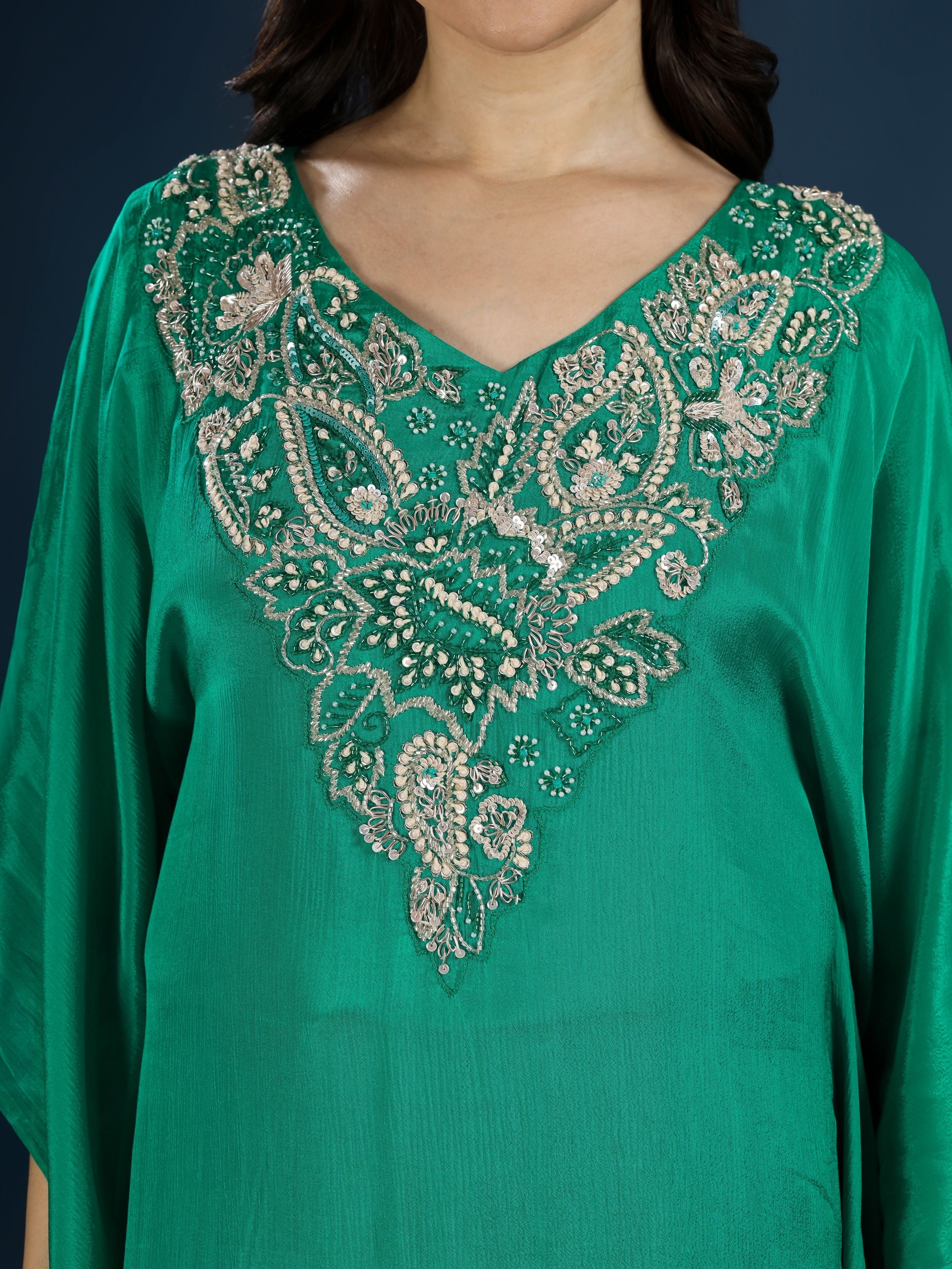 Green Chinon Indo Western with Moti, Cutdana & Sequins Work