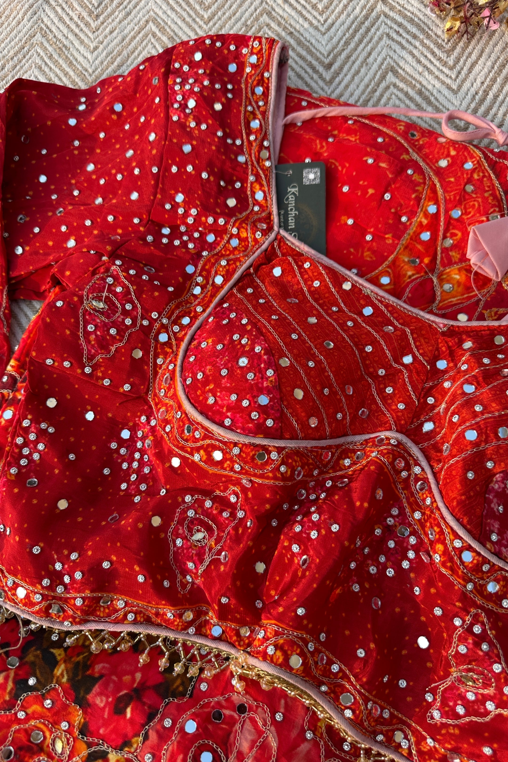 Red Crepe Embellished With Mirror & Chandla Work