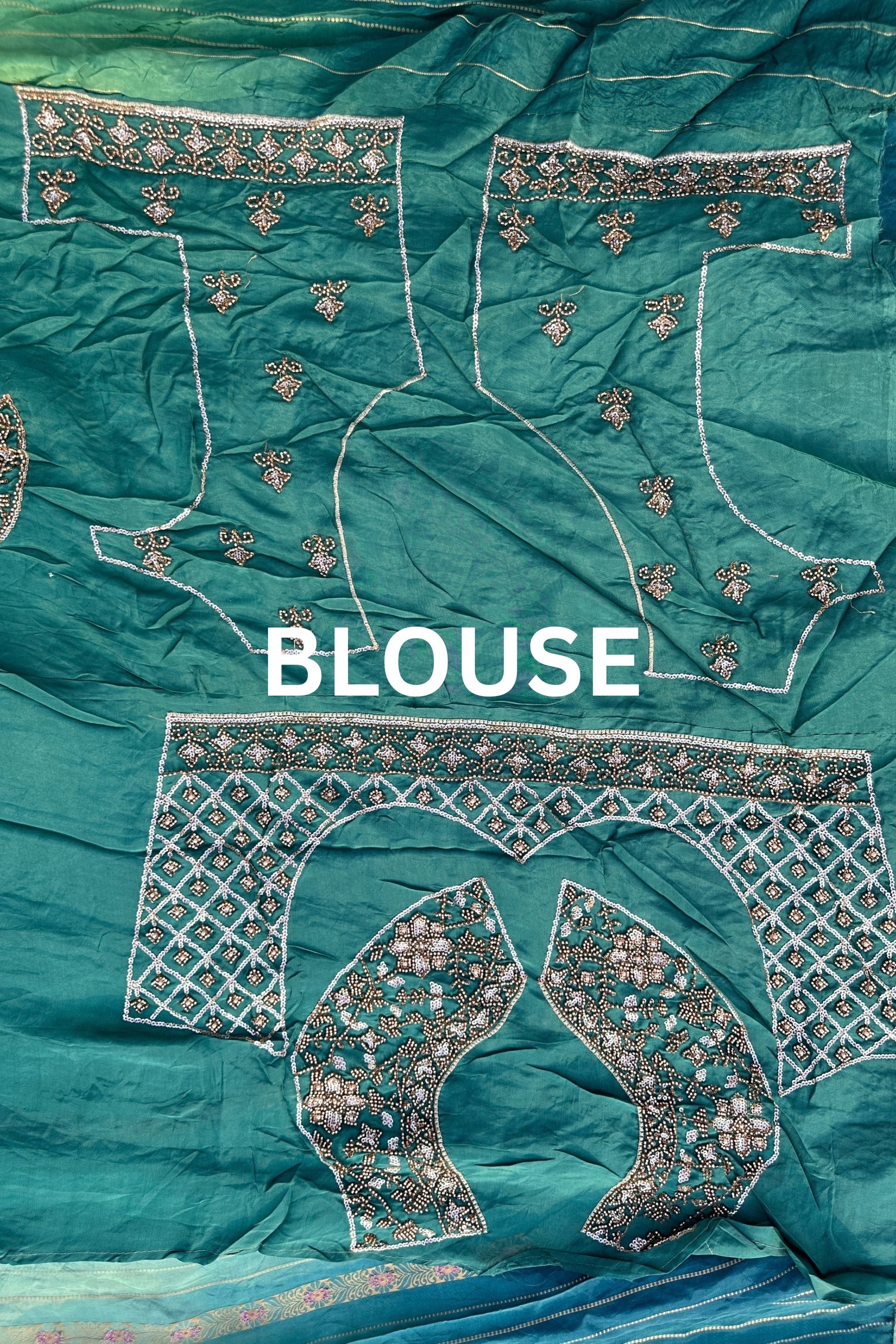 Peacock Green Silk Unstitched Saree Embellished With Moti, Sequins & Cutdana Work