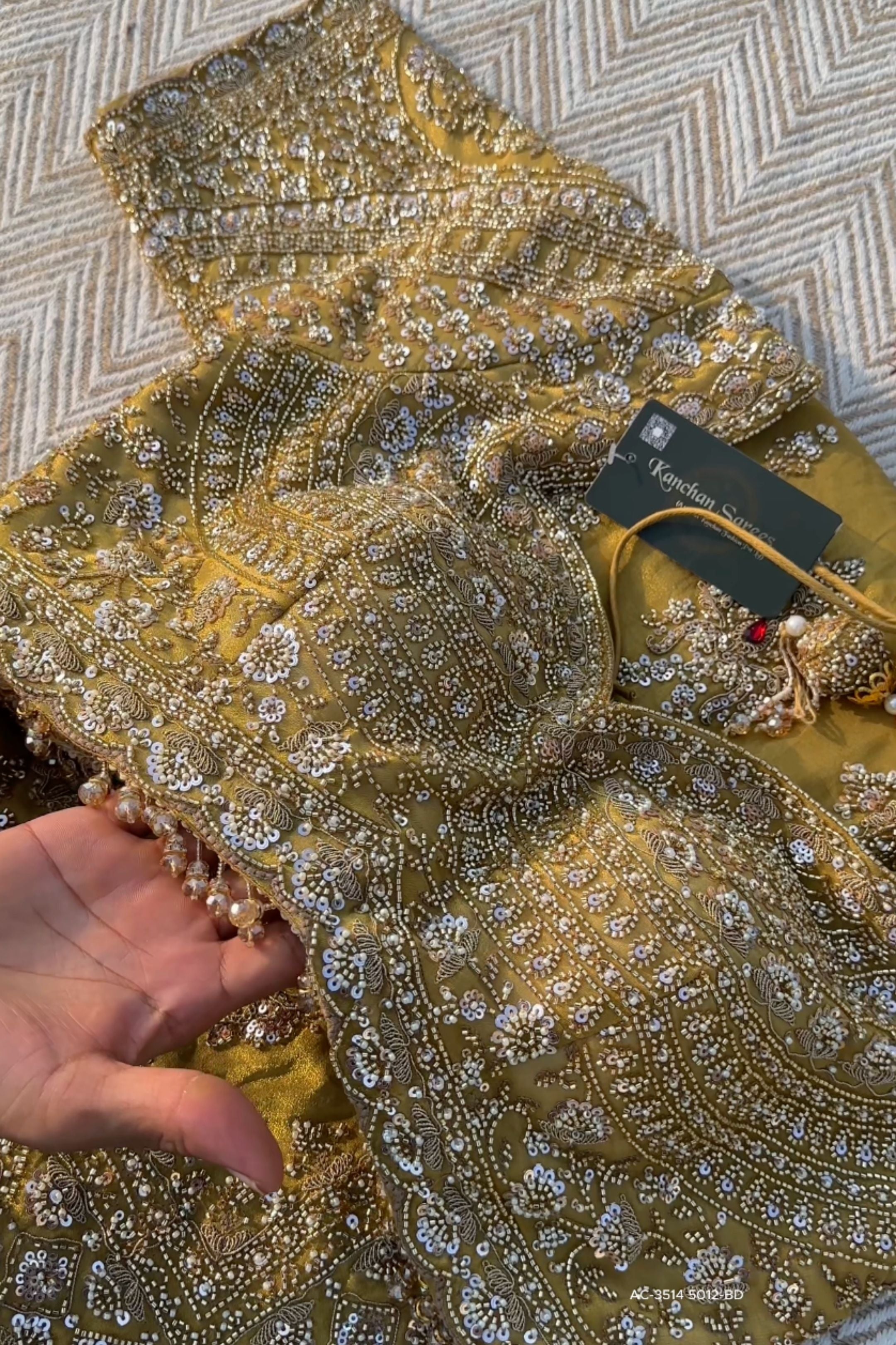 Beige Tissue Saree Embellished With Moti, Sequins & Cut Dana Work