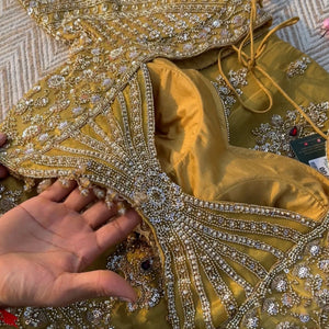 Beige Tissue Saree Embellished With Moti, Sequins & Cut Dana Work