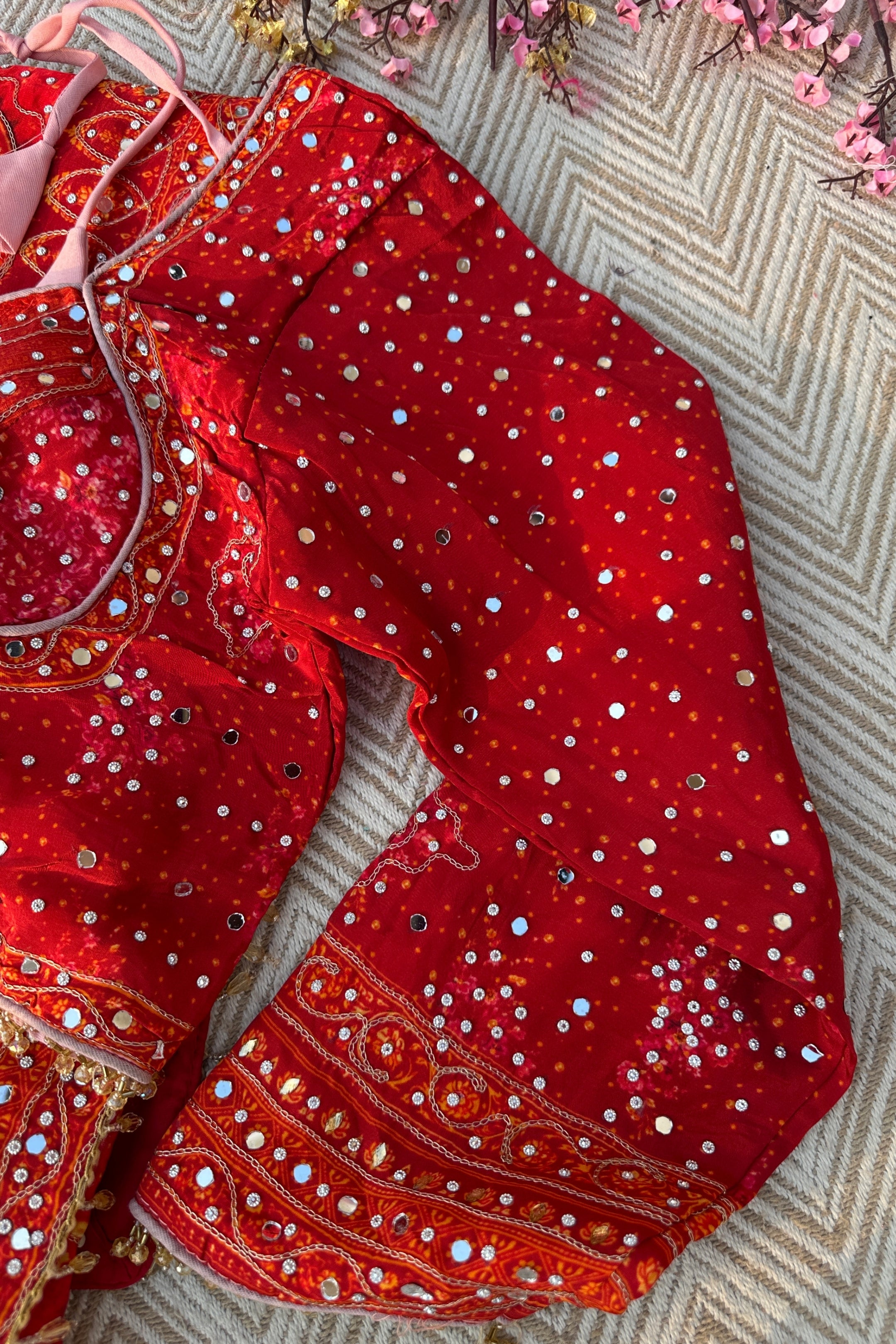Red Crepe Embellished With Mirror & Chandla Work