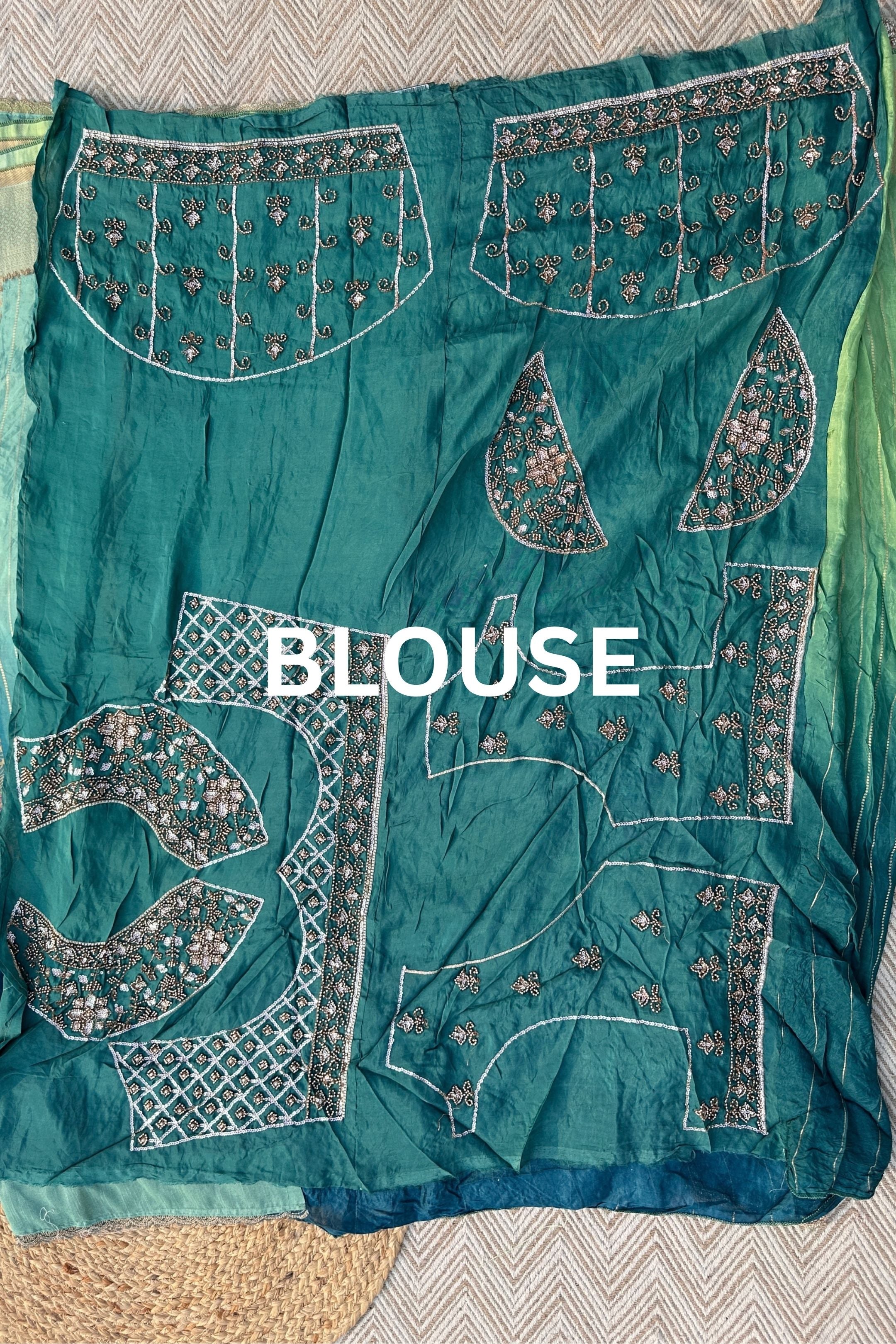 Peacock Green Silk Unstitched Saree Embellished With Moti, Sequins & Cutdana Work