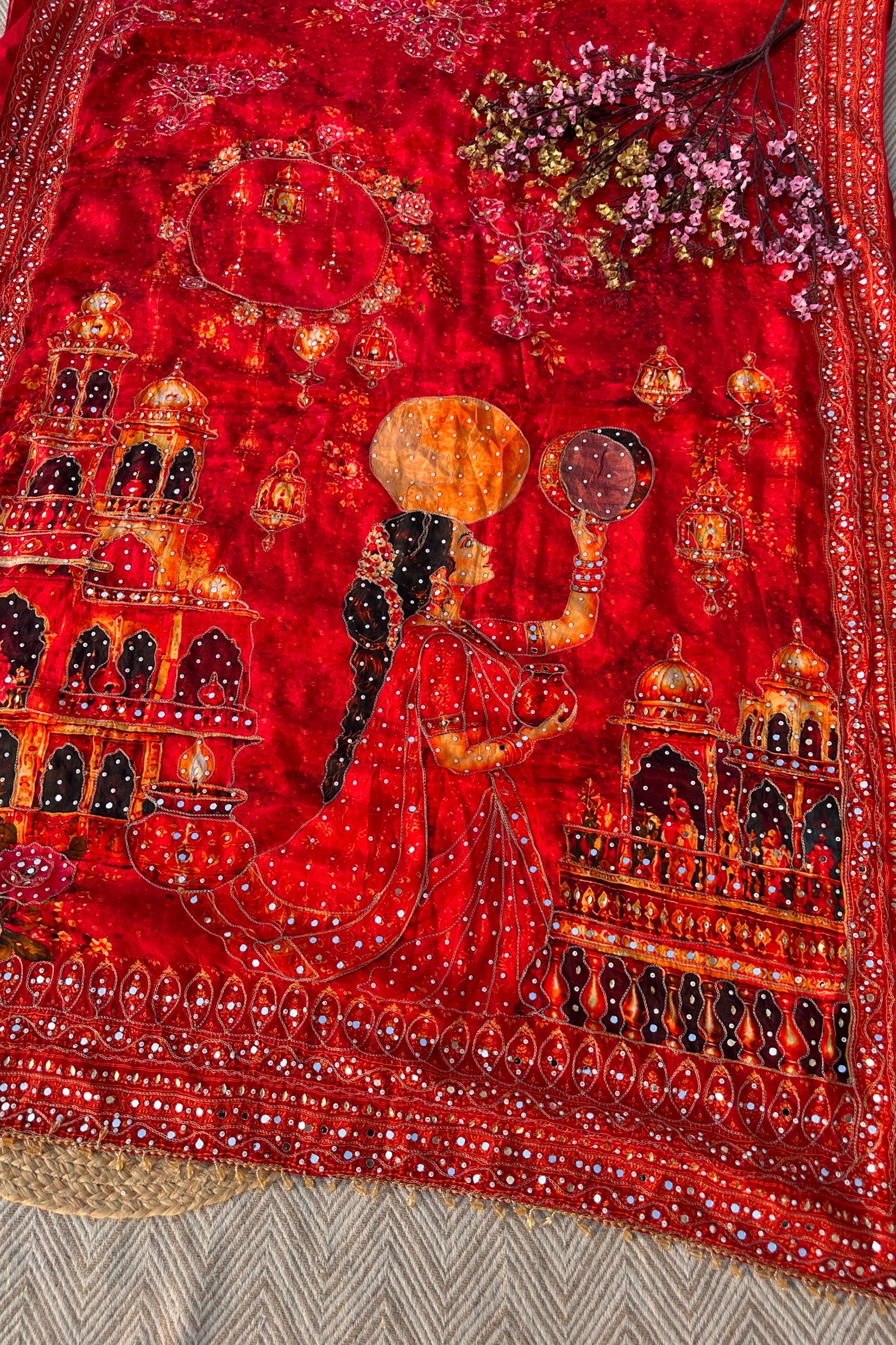 Red Crepe Embellished With Mirror & Chandla Work