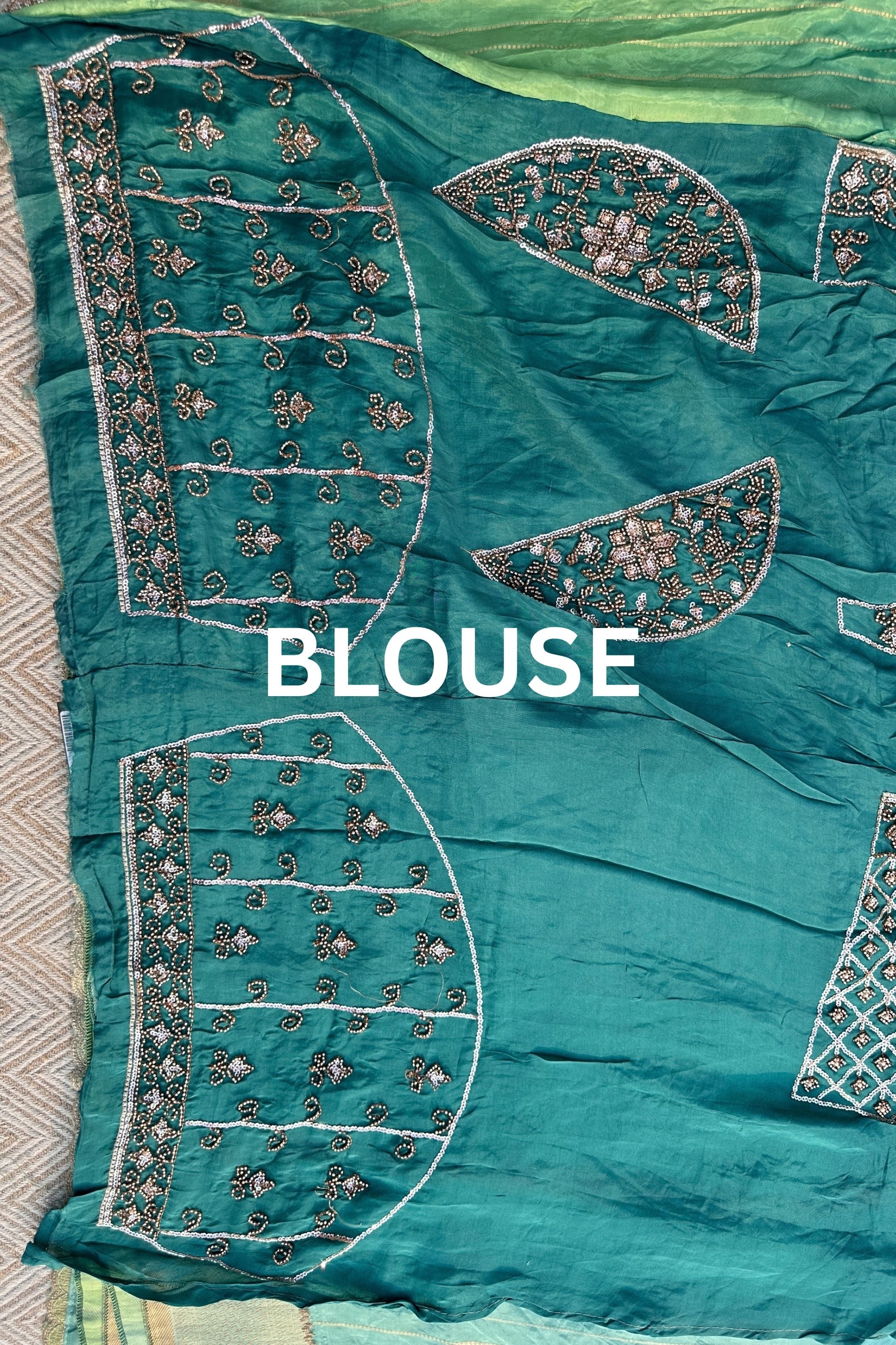 Peacock Green Silk Unstitched Saree Embellished With Moti, Sequins & Cutdana Work