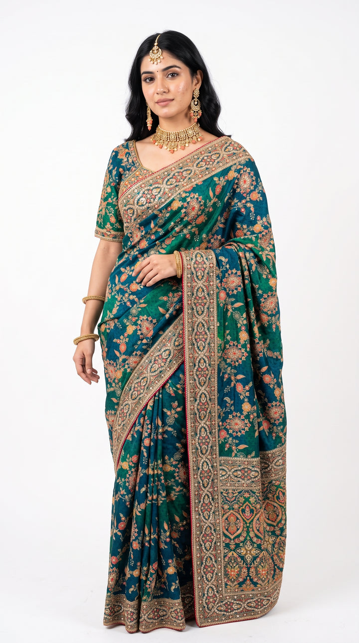 Rama Green Silk Saree Embellished With Sequins & Zari Work