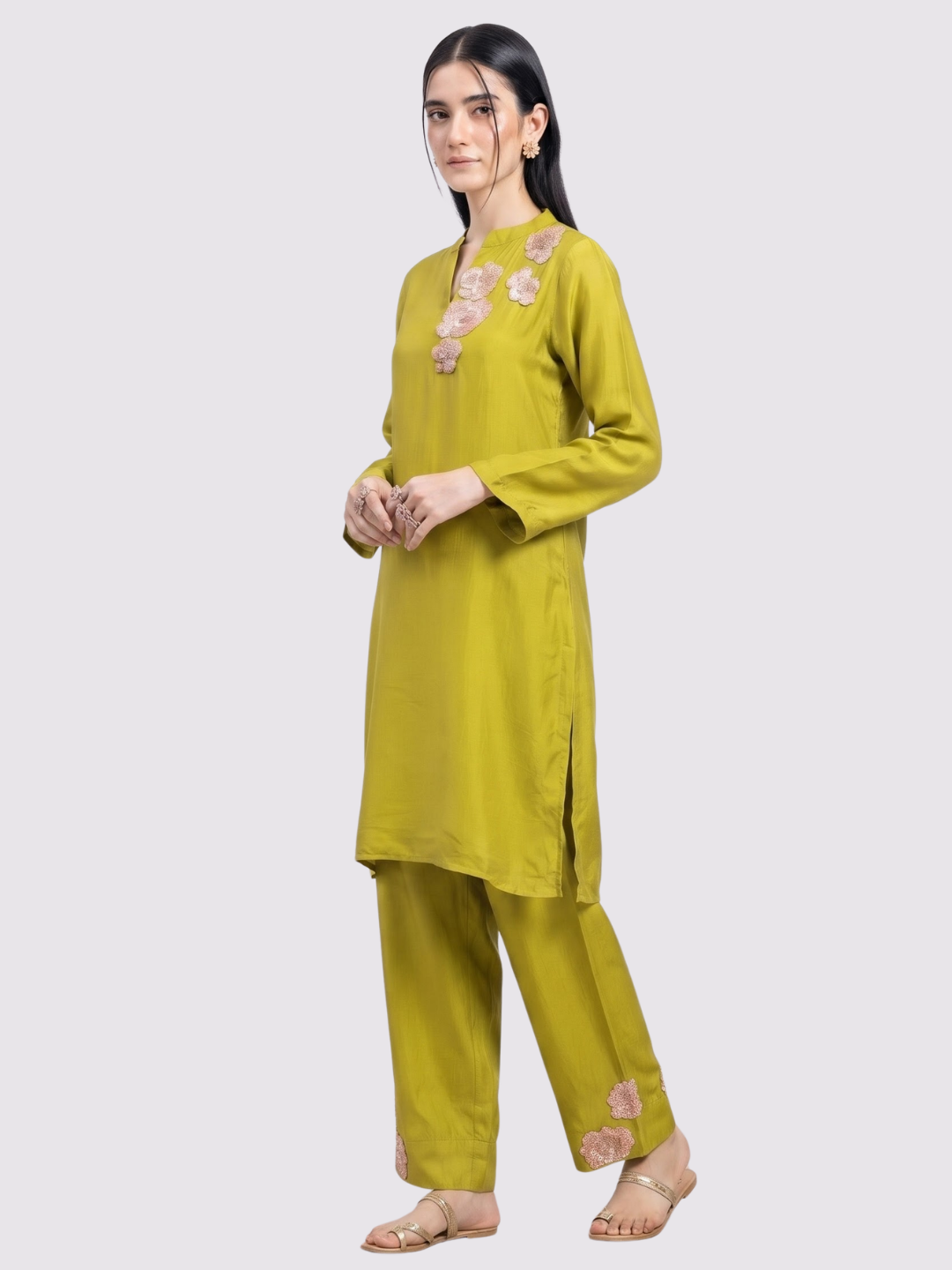 Parrot Green Crepe Indo Western with Cutdana and Sequins Embroidery 1