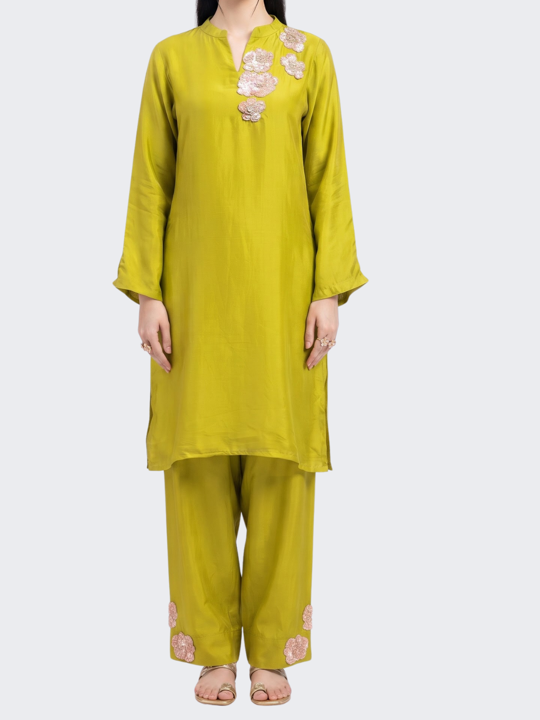 Parrot Green Crepe Indo Western with Cutdana and Sequins Embroidery 2