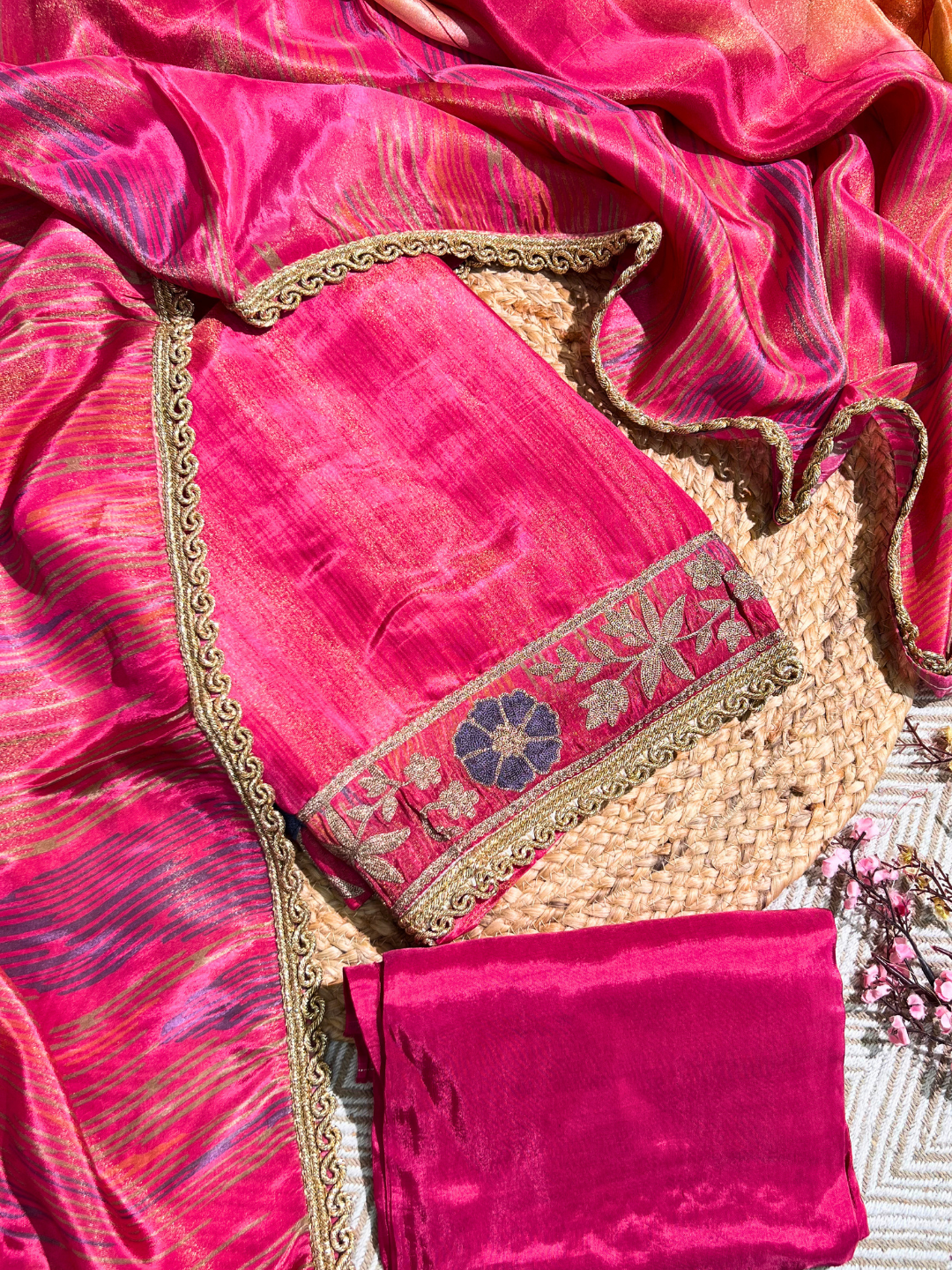Pink Silk Unstitched Suit with Zari and Thread Embroidery 3
