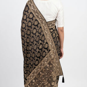 Black Satin Silk Banarasi Unstitched Saree with Dabka, Mirror & Cut Dana Work