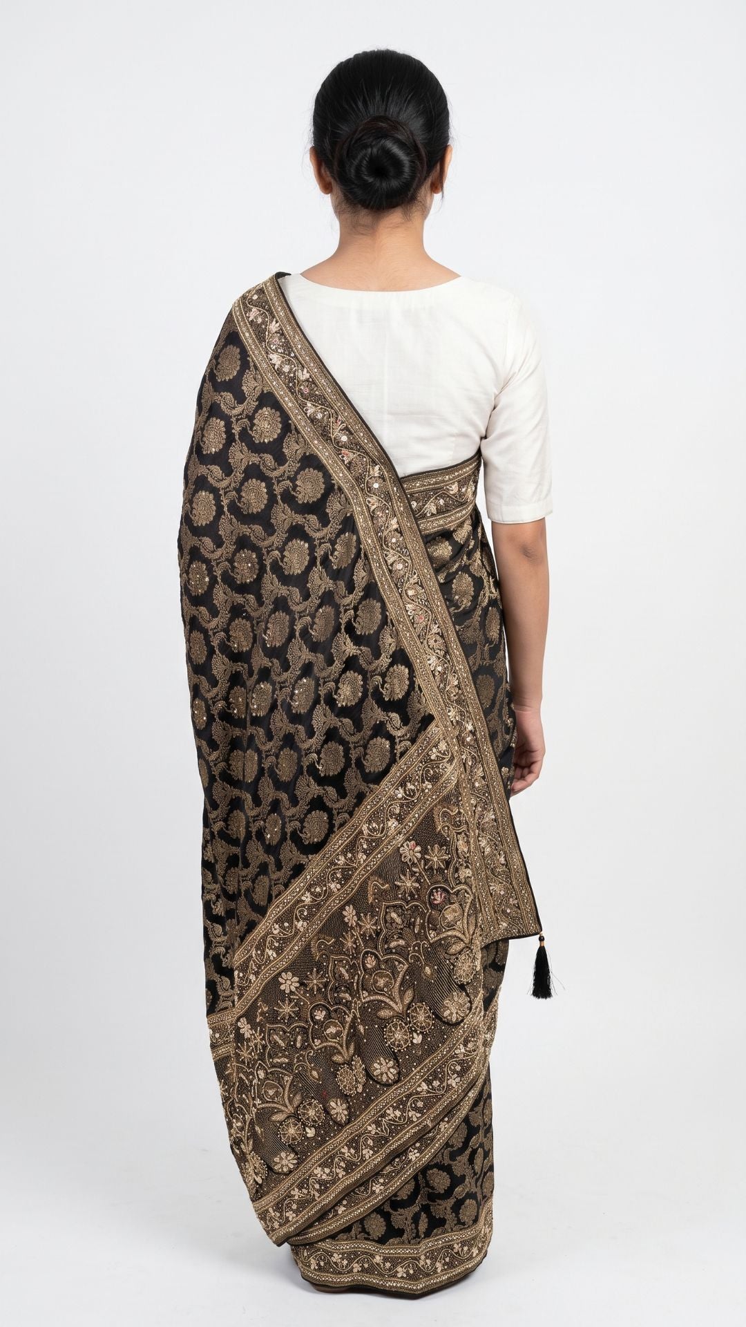 Black Satin Silk Banarasi Unstitched Saree with Dabka, Mirror & Cut Dana Work