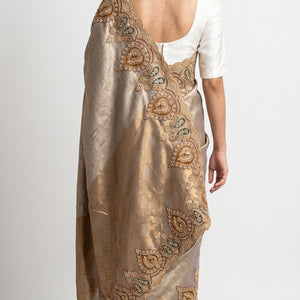 Golden Ivory Tissue Unstitched Saree with Zardozi, Pearl, Sequins & Dabka Work